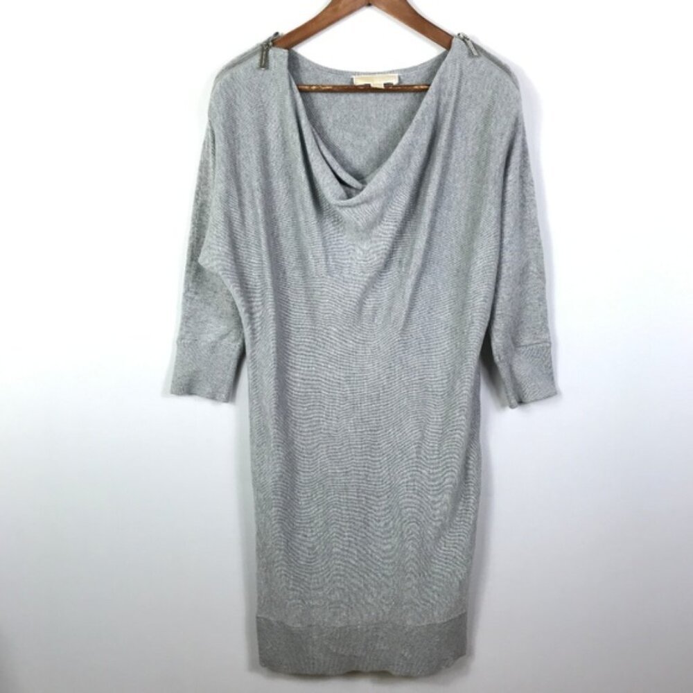 Michael Kors Womens Gray Zip Shoulder Knit Stretch Cowl Neck Sweater Dress Sz S